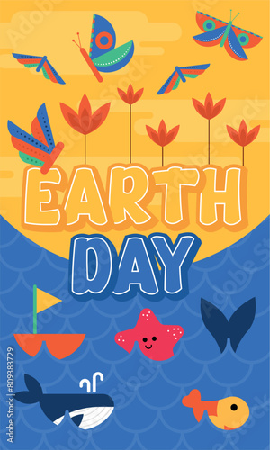 Geometric earth day card Plants and butterflies Vector illustration