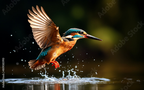 Kingfisher jumping in water on dark background with splashes and drops
