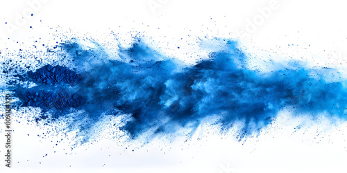 Blue color powder explosion on white background. Colored cloud Colorful dust explode Paint Holi Cyan blue diffused watercolor stain. Abstract textured background. Element for your design photo