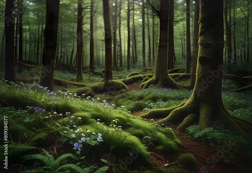 A lush forest floor carpeted with velvety moss dotted with delicate woodland violets  their purple petals peeking out from beneath the verdant canopy  a hidden treasure in the heart  generative AI
