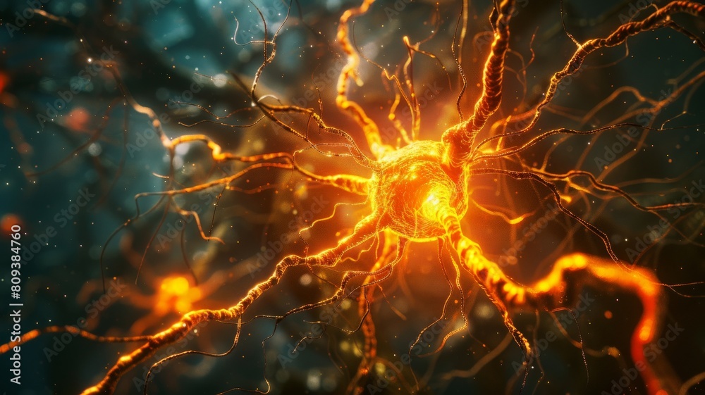 A photorealistic closeup of a single neuron firing The cell body pulsates with light A photorealistic closeup of a single neuron firing The cell body pulsates with light