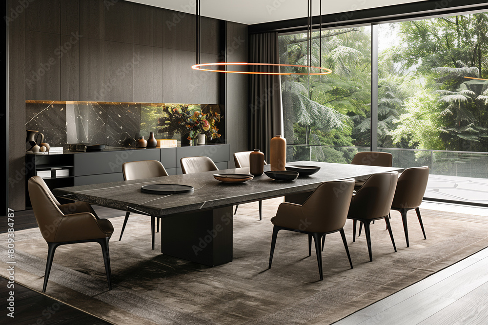 Clutter-free dining area with minimalist design, warm neutral colors and hidden storage, illuminated by clear midday brightness and fine porcelain textures.