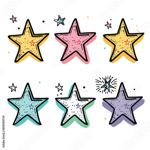 Six colorful handdrawn stars decorative dots smaller stars scattered around  doodle style  yellow  pink  blue  purple set against isolated white background. Graphic design unique decorations