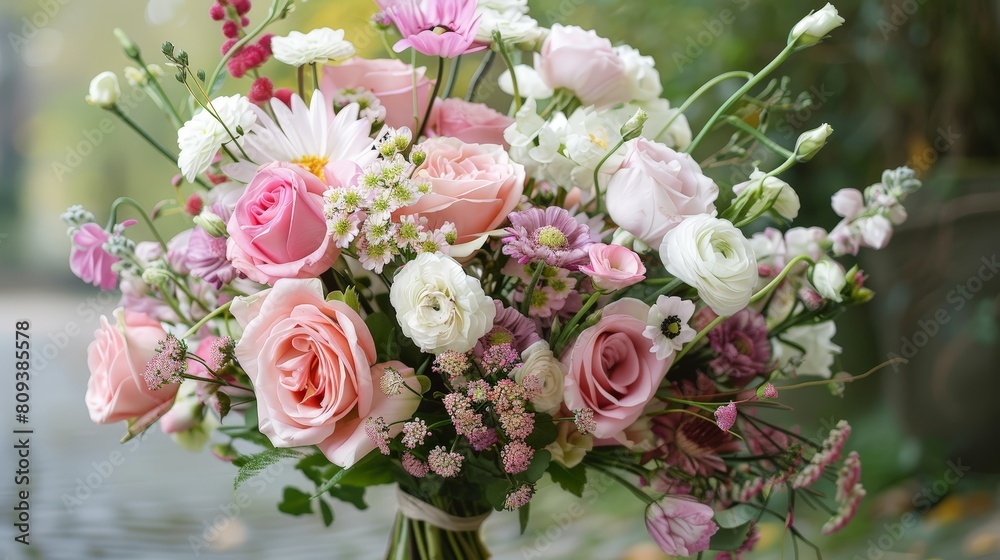 a vase filled with a colorful arrangement of pink, white, and purple flowers, including a mix of single and multi - colored blooms