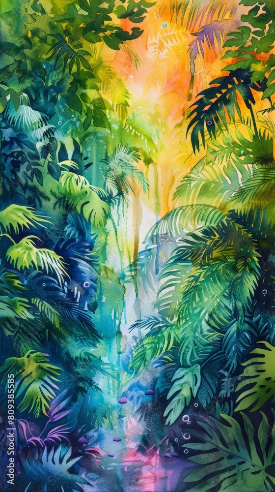 A vibrant watercolor painting of a lush rainforest, where carbon