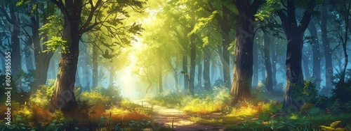 A tranquil forest background with tall trees  a winding path  and soft sunlight filtering through the leaves  perfect for nature-themed projects. 