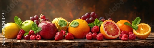 Healthy Fruits on Wooden Table  A Mouthwatering Photography Background for Food Lovers