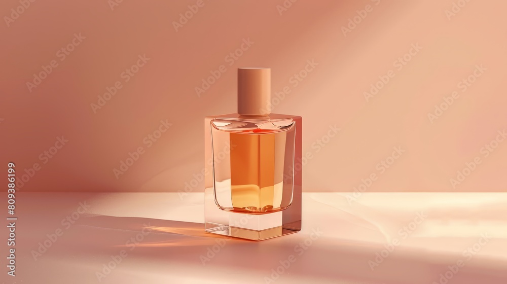 a glass bottle of perfume sits on a transparent background against a pink wall, casting a white shadow