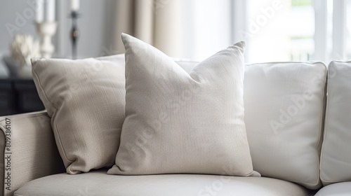 a white couch adorned with two white pillows, one large and one small, placed in front of a white window