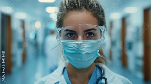 Female Doctor in Protective Mask Walking Through Hospital Corridor