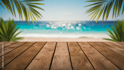 Summer Beach Paradise with Wood Deck Foreground with Copy-Space