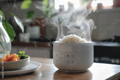 A compact rice cooker with a steam vent, preventing excess moisture buildup. photo