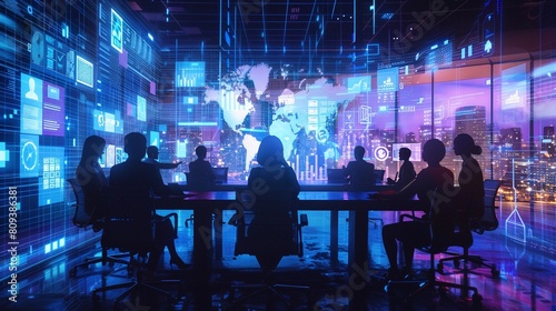 Global Collaboration Hologram, People from various cultures and locations connect through a holographic meeting table