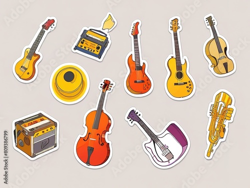 variety of stickers of different types of objects such as trees  firearms  headphones  smiling people and animals