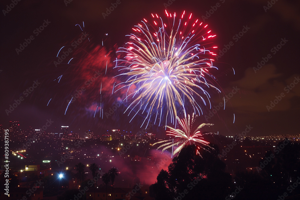 Fireworks over a city to celebrate Independence Day in the USA, painting the night with bursts of light and vibrant hues, marking a joyous party in America Fireworks over a city to celebrate Independence Day in the USA, painting the night with bursts of light and vibrant hues, marking a joyous party in America