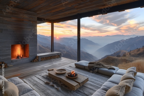 Mountain retreat interior with minimalist design  featuring a stone fireplace and wood accents under the warm afternoon sun  promoting sustainability.