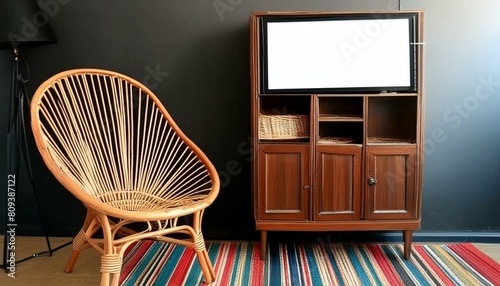 Mockup frame broder in living room with modern chair and wooden cupboard, no human photo