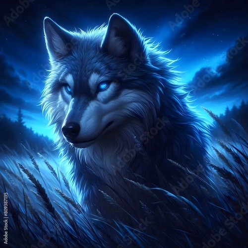 A wolf under the moonlight against a stunning sky background.