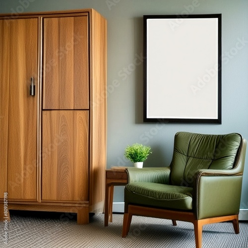 Mockup frame broder in living room with modern chair and wooden cupboard, no human photo