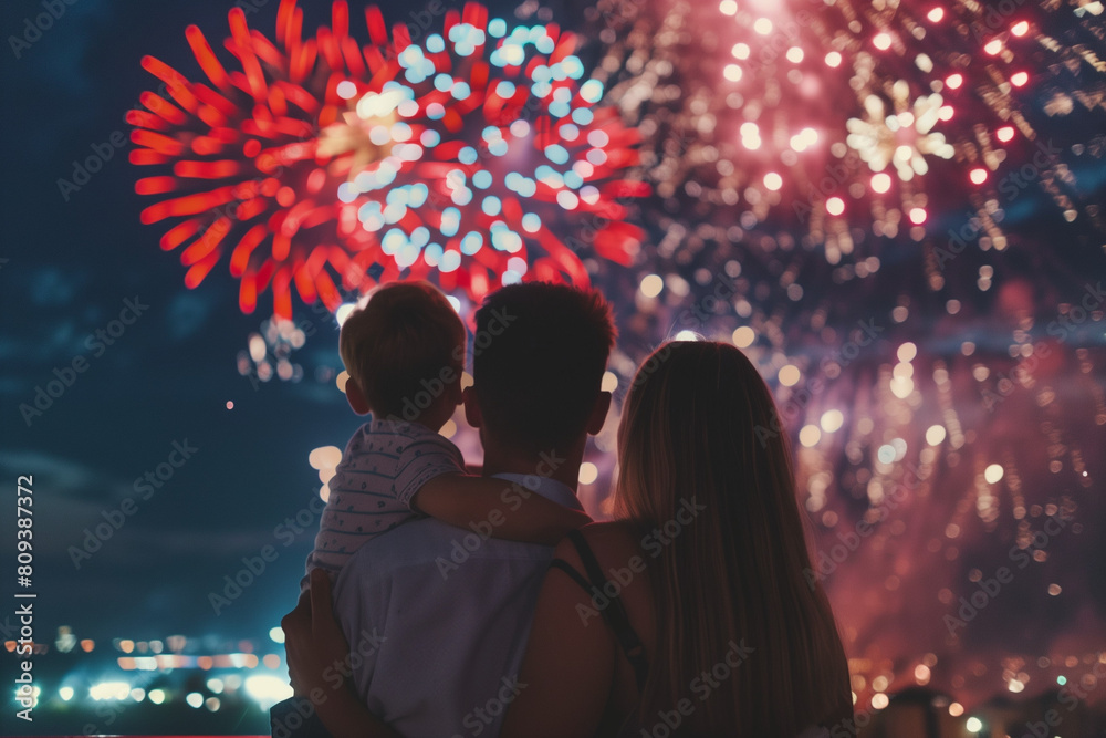 Family watching fireworks celebrating on Independence Day in the USA, enjoying the dazzling lights and vibrant hues that illuminate the night sky in celebration