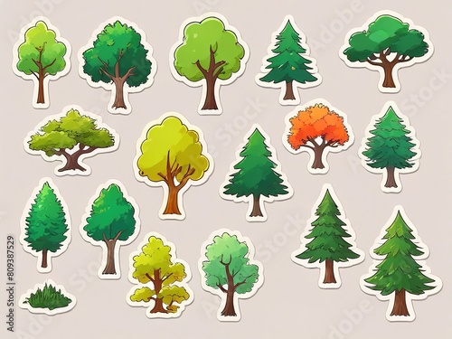 vector stickers with white background of different species of trees and fruits