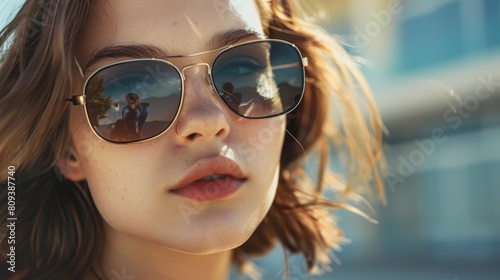 a woman with long brown hair wearing sunglasses stands in front of a blurry building, with a small ear visible in the foreground © YOGI C