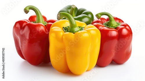 A photo of four bell peppers, in red, yellow, and green. photo