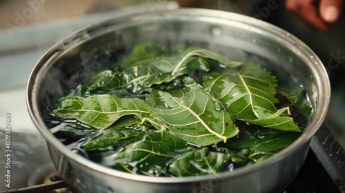 Steeping cassava leaves in water photo