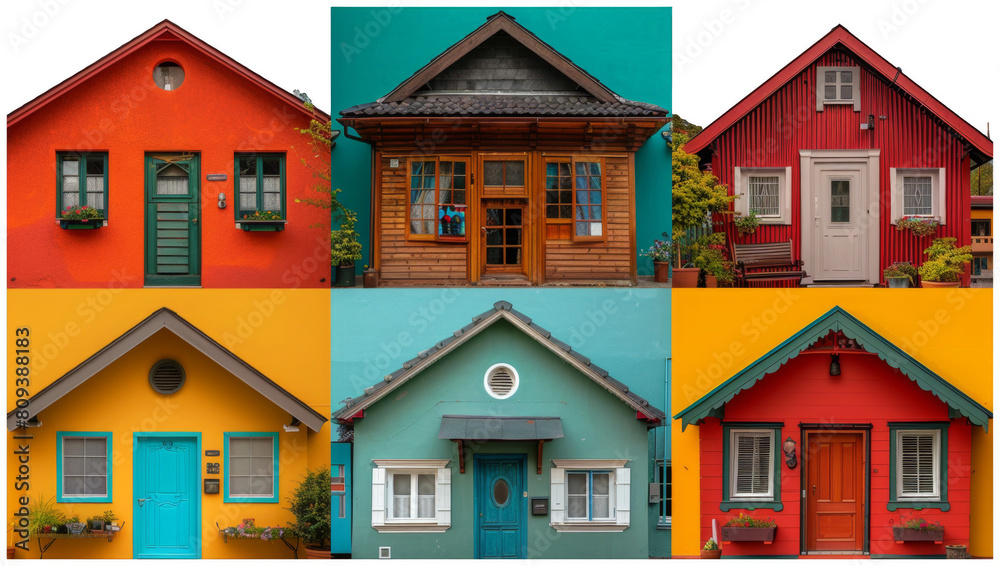 a series of different colored houses with windows and doors, transparent background png a series of different colored houses with windows and doors, transparent background png