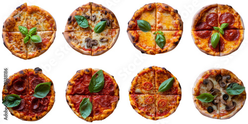 a variety of different pizzas with different toppings on a yellow background  transparent background png