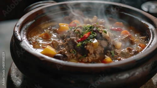 Stew cooking in a ceramic dish on a dark surface photo