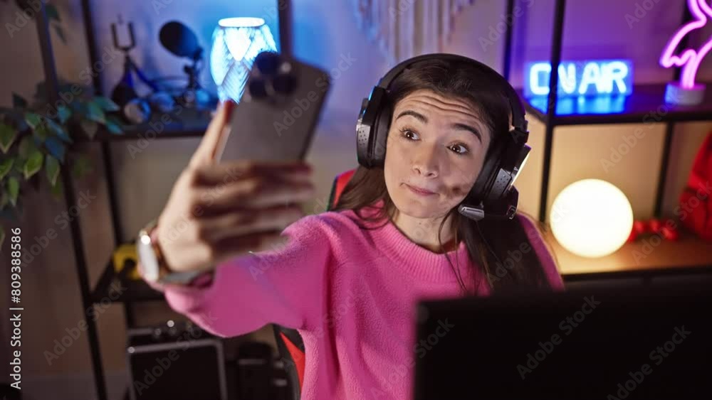 Hispanic woman takes selfie in neon-lit gaming room with headset, smiling, indoors at night. Hispanic woman takes selfie in neon-lit gaming room with headset, smiling, indoors at night.