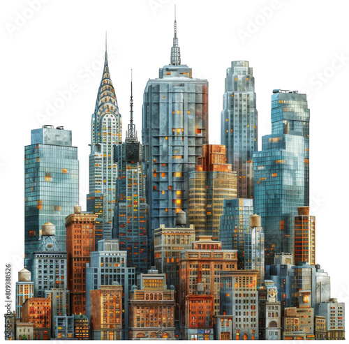 a painting of a city with tall buildings and a clock tower, transparent background png © LUPACO PNG