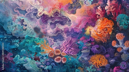 An electric blue painting of a coral reef with vibrant sponges and corals  showcasing the beauty of marine organisms through art and entertainment AIG50