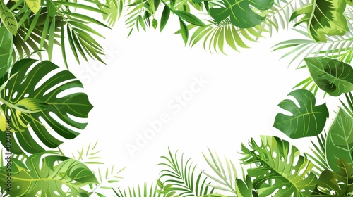 Festive tropical leaves frame the white background  mockup for your design or text. Vector illustration of green palm and monstera leaves on a white background.