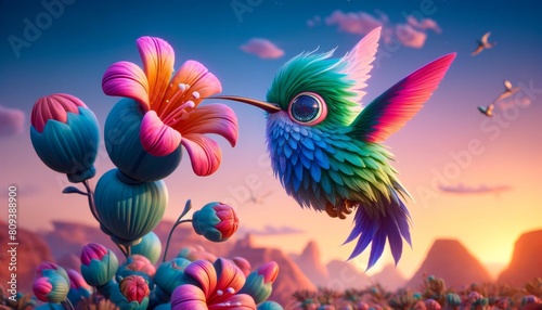 Close-up of a hummingbird with exaggerated  colorful plumage in a whimsical  animated style.