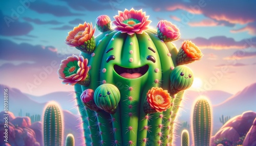 Close-up of a cactus with vividly colored flowers and cartoonish, smiling faces on each bloom, depicted in a whimsical, animated style. photo