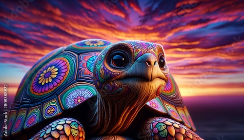 Close-up of a desert tortoise with an ornately patterned shell under a colorful sunset sky, depicted in a whimsical, animated style. photo