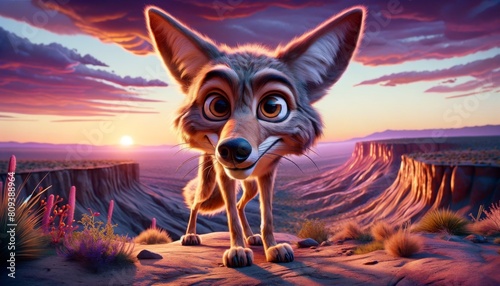 Close-up of a coyote standing on a ridge, portrayed in a whimsical, animated style. photo