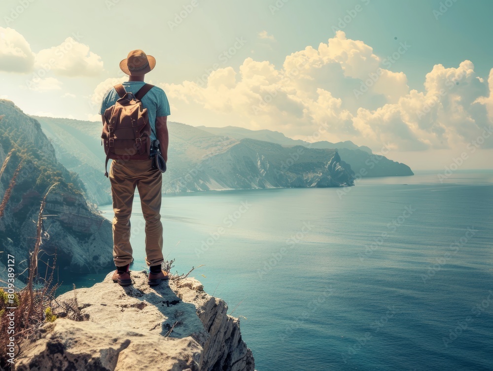 A traveler standing on a cliff by the lake.