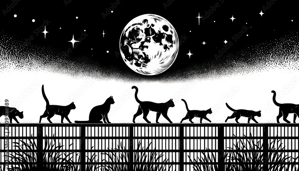 Fototapeta Illustration in black and white line art style of cats walking on a fence with the night sky and the moon in the background.