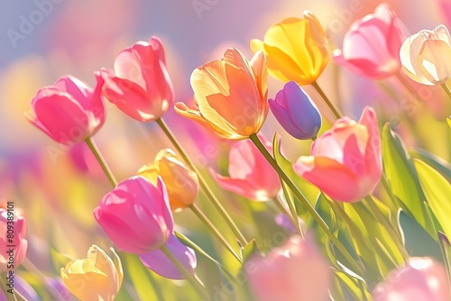 Tulips swaying in a field, their colorful blooms and leafy stems repeating in harmony.