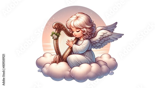 A detailed illustration of a little angel sitting on a cloud, gently playing a harp.