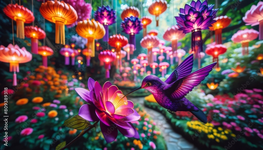 A rich purple hummingbird hovering near a flower, with miniature lanterns styled as flowers suspended on fine threads.