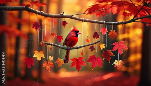 A scarlet cardinal perched on an autumnal branch, with small, colorful autumn leaves hanging from strings. photo
