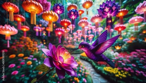 A rich purple hummingbird hovering near a flower  with miniature lanterns styled as flowers suspended on fine threads.