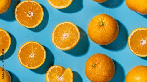 Artistic pattern of whole oranges and slices, shot from above, against a vibrant cyan backdrop, perfectly isolated with studio lights