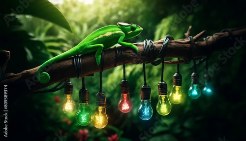 A bright green chameleon perched on a wooden branch in a tropical setting, with small colorful light bulbs dangling below.