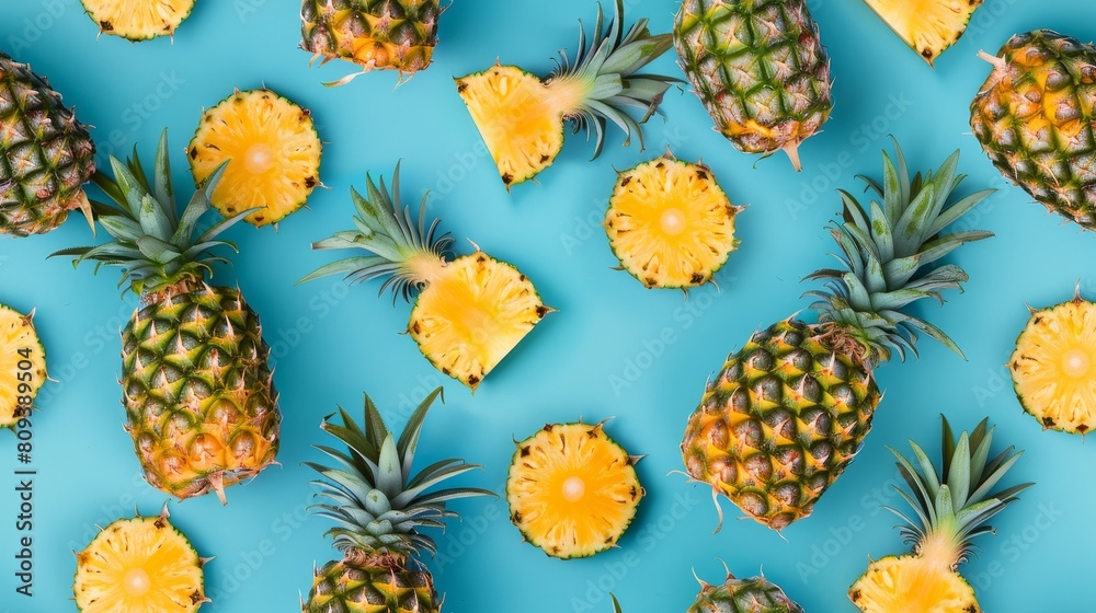 Artistic close-up of whole pineapples and slices, making a vibrant pattern on a cyan backdrop, isolated for clarity, studio lighting