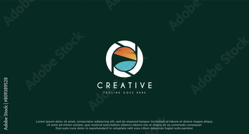 Lens Photography with landscape nature logo design vector illustration.